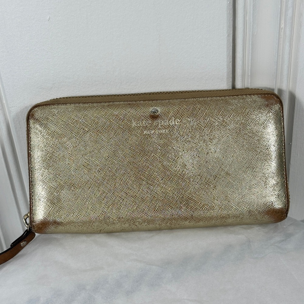 Kate Spade Wallet Womens OS Gold Fair Metallic Saffiano Zip Around S363